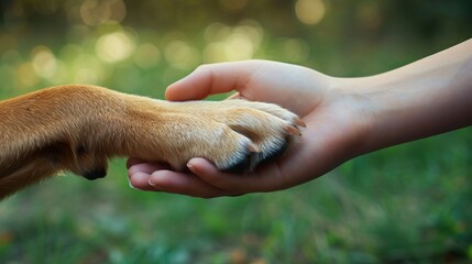 The dog gives its paw to the man. The photo can be used as a banner for animal shelters, veterinary...