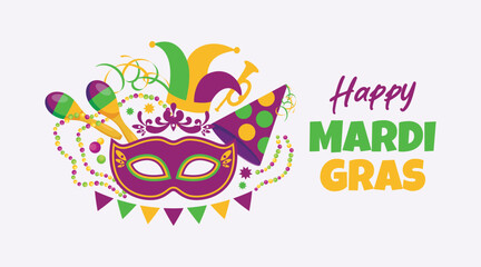 Happy Mardi Gras banner with decorative carnival mask vector illustration. Template for background, banner, card, poster. Mardi Gras festival design element. Party beads, mask, maracas icon set
