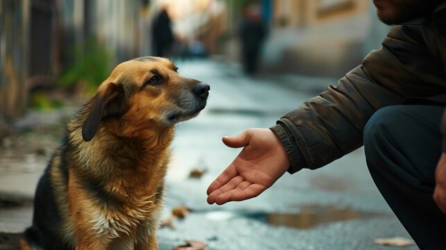 User
A man extends his hand to a stray dog, the photo illustrates the animal’s disappointment in people and the person’s desire to gain trust in the animal again. 
