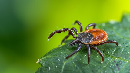 Close-up of a tick resting on a green leaf. Concept of tick season, Lyme disease, and outdoor hazards.
