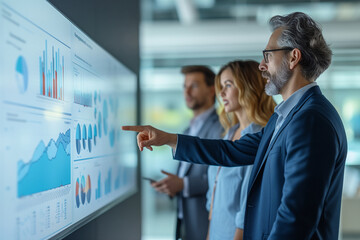 Fototapeta premium A corporate team attentively reviews interactive data analytics displayed on a large screen in a modern office meeting.