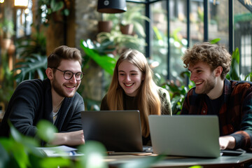 Three young friends share a moment of joy while working together on their laptops in a cozy cafe surrounded by greenery.