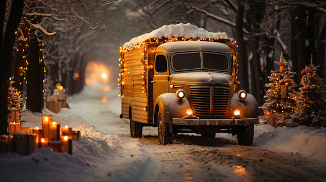 A photograph of a Christmas truck shrouded in a soft light of lanterns traveling along secluded ro