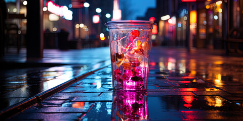 A photograph of a sparkling garbage container with neon lighting, adding drama to the ordinary urb
