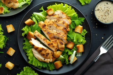 Close up of a fresh homemade chicken salad on a black plate surrounded by a fork, a napkin, croutons, a bowl with the dressing for seasoning the salad and a lettuce. 