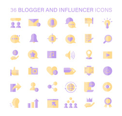 Blogger and Influencer icons set. Versatile icons for content creation, audience engagement, and personal branding. Digital marketing and social media presence tools. Flat vector illustration.