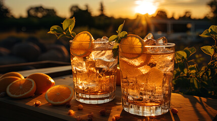 A photograph of refreshing lemonade with ice cubes, against the background of summer sunset, invit