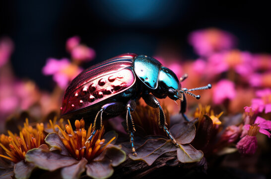 Scarab, close-up, bright colors, and flower