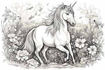 A mystical unicorn in a magical forest, line drawing, no background, no detail, no color.