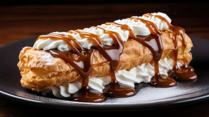Traditional french eclairs filled with cream. Crispy eclair with cream
