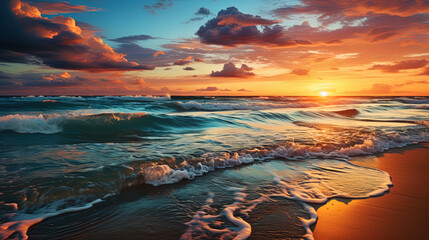 A picturesque beach on a warm sunny day, where pastel shades of sunset caress the hori - obrazy, fototapety, plakaty