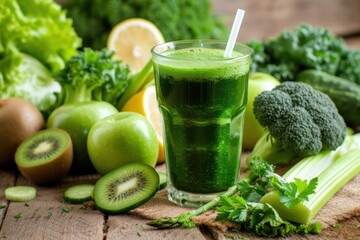 Front view of a drinking glass full of green detox juice with a drinking straw surrounded by various kinds of green fruits and vegetables 
