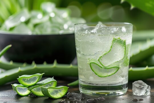 Front view of a drinking glass full of an aloe vera drink surrounded by some aloe vera crystals and sliced leaves. 