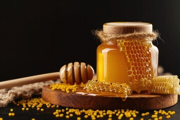 Front view of a honey jar surrounded by a honeycomb, a honey dipper and bee pollen. 