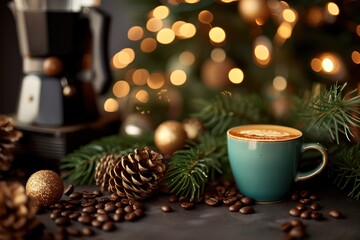 Front view of a hot coffee cup surrounded by some Christmas decoration like pine twigs, Christmas balls and pine cones and some roasted coffee beans. 