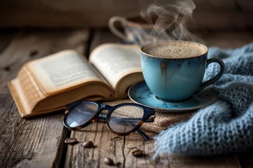 Poster Front view of a hot steaming coffee cup alongside an eye glasses and a reading book on a rustic wooden table.  © Straxer