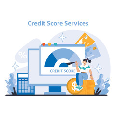 Credit Score Services Concept. Monitoring and improving financial health with credit score analysis. Key to better loan terms and opportunities. Flat vector illustration.