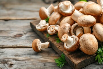 Front view of various crimini mushrooms on a rustic wooden table. 