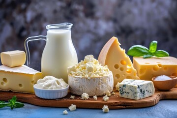 Front view of various kinds of dairy products like a milk jug, yogurt, butter and different types of cheese