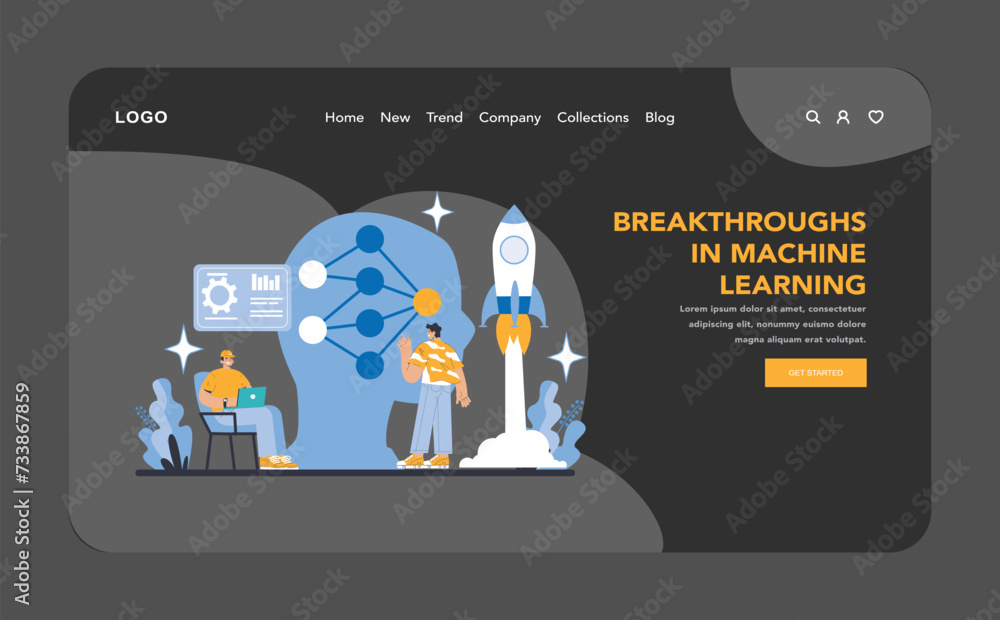 Poster agi night or dark mode web or landing page. celebrating machine learning milestones and ai-driven in