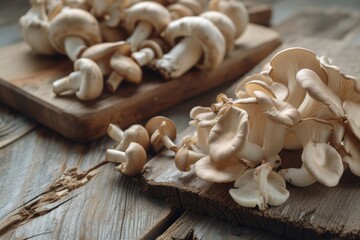 Front view of various oyster mushrooms on a rustic wooden table.  - obrazy, fototapety, plakaty