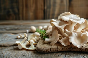 Front view of various oyster mushrooms on a rustic wooden table. 