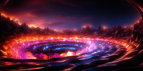 A spiral neon tunnel, creating the impression of an endless rotation around a luminous ax
