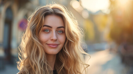 Fototapeta premium Portrait of a woman. Young girl with long hair. Closeup of happy confident young woman with long hair and freckles wears casual clothes and looks directly in camera