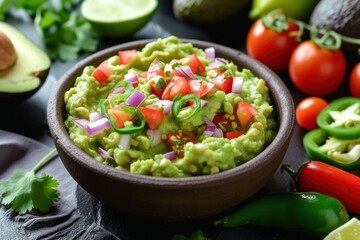 High angle view of a bowl full of a homemade guacamole surrounded by the ingredientes for making the dipping sauce - Powered by Adobe