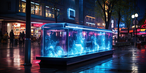 A steel garbage container, illuminated by neon tubes, creates a futuristic atmosphere in a modern