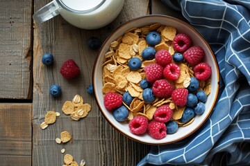 High angle view of a bowl full of breakfast cereal, raspberries and blueberries alongside a jug full of milk. - Powered by Adobe