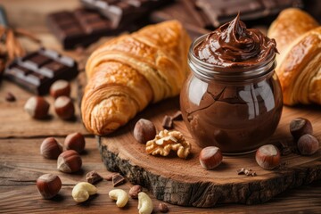 High angle view of a crystal jar full of chocolate and hazelnut spread beside a wooden cutting board with two croissants on top  - Powered by Adobe