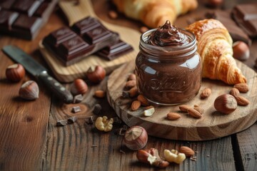 High angle view of a crystal jar full of chocolate and hazelnut spread beside a wooden cutting board  - Powered by Adobe