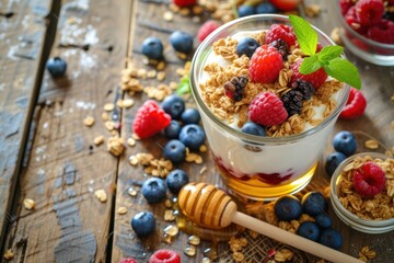 High angle view of a drinking glass full of greek yogurt, granola and berry fruits 