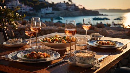A table in a restaurant located on a terrace with a sea view, with porcelain dishes and fresh seaf - obrazy, fototapety, plakaty