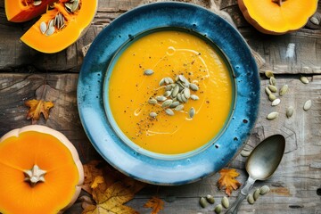 High angle view of a pumpkin soup on a blue plate seasoned with pumpkin seeds on a rustic wooden table. 