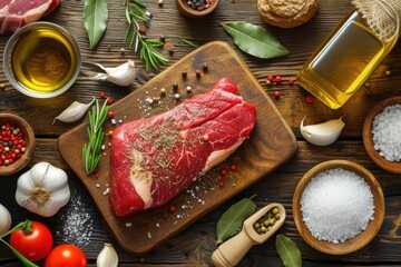 High angle view of a raw fresh beef steak on a wooden cutting board surrounded by various ingredients for seasoning meat  - Powered by Adobe