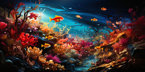 Obraz na płótnie Canvas Bright water canvas: an underwater world painted with a rainbow with the participation of dozens o