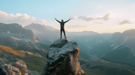 Man standing on top of a mountain with his arms raised