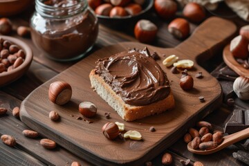 High angle view of a wooden cutting board with a slice of bread full of chocolate and hazelnut spread on top surrounded by some whole and peeled hazelnut