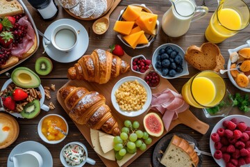 High angle view of a wooden table full of breakfast food like croissants, corn flakes, a coffee cup, marmalade, some fruits, an orange juice  - Powered by Adobe