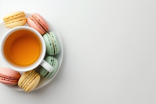 High angle view of a tea cup with multicolored macaroons on white background. The objects are at the right of the image leaving a useful copy space
