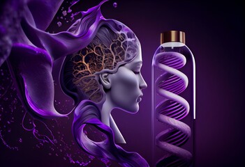 3d illustration of a hair with a very peri violet liquid around on the background of DNA spirals. Dna hair restoration by stem cells or with the help of medicine. Medicines for the. Generative AI