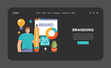 Branding dark or night mode web, landing. Marketing developing a brand identity, using creativity and precision. Insightful ideas, visual strategy, cohesive design. Vibrant color theory. Flat vector