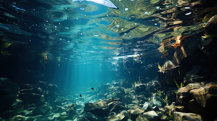 Fototapeta na wymiar Ocean brightness: light shades and rays penetrate into the water, creating an impressive underwate