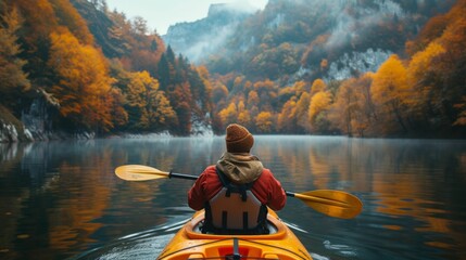 Kayaking in Autumn's Serenity - Tranquil Lake Adventures, adult, solo traveler, kayaking, serene lake, autumn tranquility, exploration, restorative trips, nature, sunny autumn palette