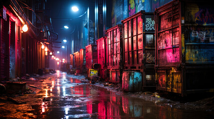 Naklejka premium Photos of neon garbage tank in a dark alley, giving the environment an unexpected ar