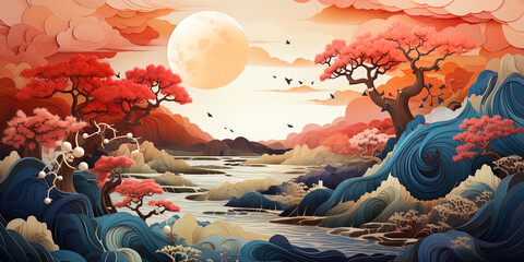 Photo of a creative pattern inspired by natural landscapes, with exquisite colors and li - obrazy, fototapety, plakaty