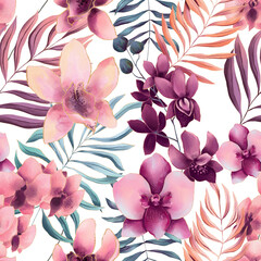 Seamless pattern of watercolor palm leaves and pastel colored orchid flowers - 733870610