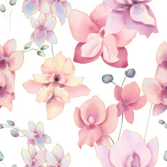 Seamless pattern of watercolor orchid flowers in pastel colors